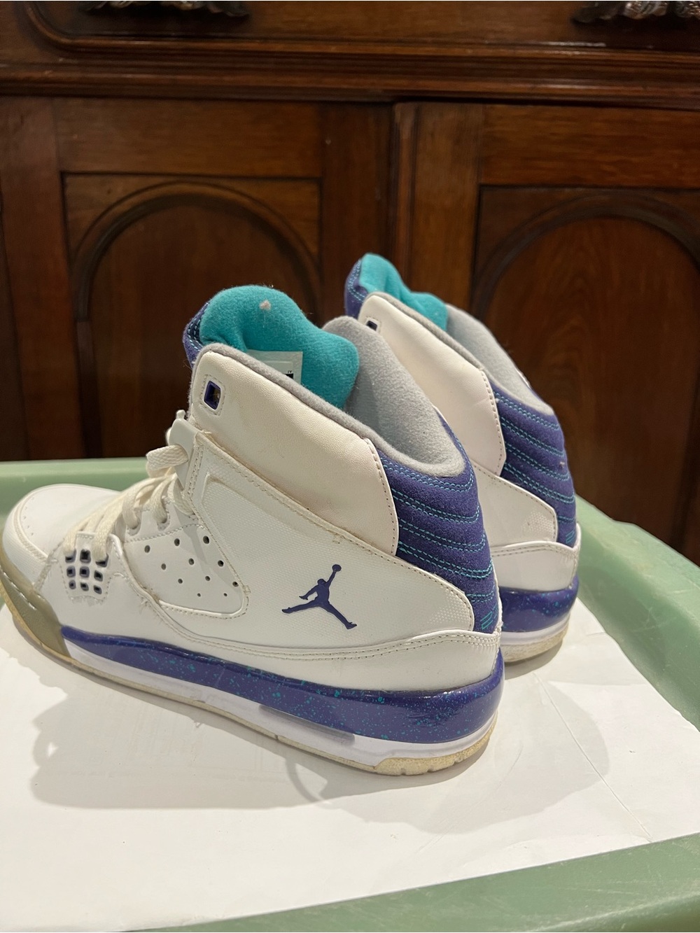 Jordan Kids White High-Top Sneakers with Purple and Teal Accents - Picture 2 of 3
